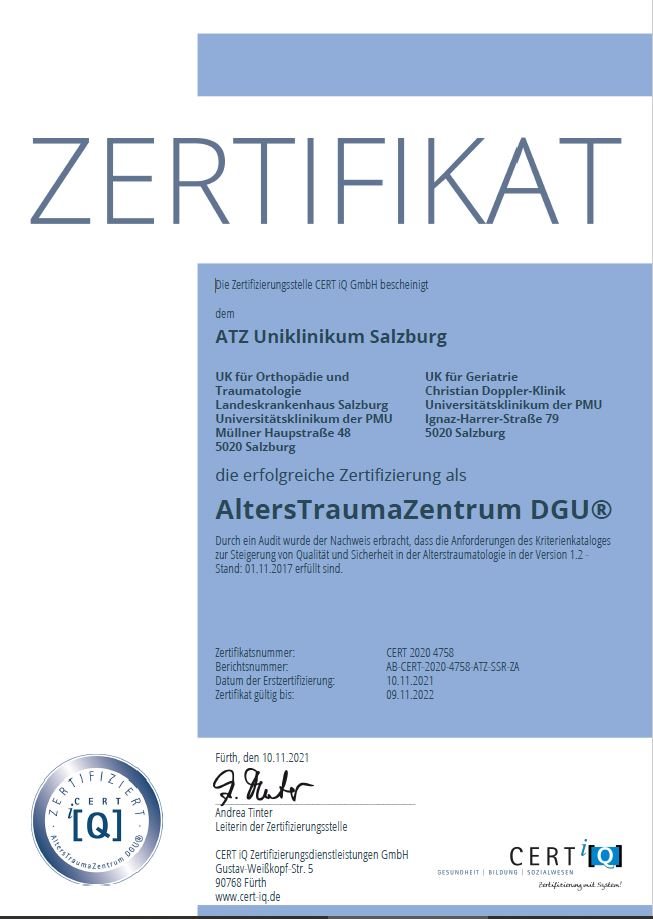 Zertifikat AltersTraumaZentrum Uniklinikum Salzburg